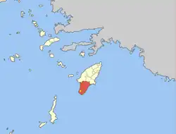 Kattavia (yellow dot) within South Rhodes municipal unit (red)