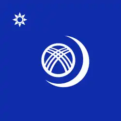 Flag depicting Shanyraq (the top of yurts) with crescent in centre and sun in the top-left