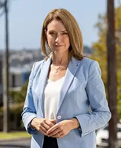 Portrait of Kellie Sloane MP, Member for Vaucluse, outside, in daylight.