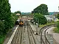 Station platforms looking north-west; the remnant of the Cirencester line branches to the right