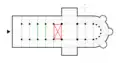 The transverse arches are highlighted in green on a plan of a church
