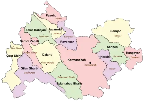 Location of Paveh County in Kermanshah province (top, pink)