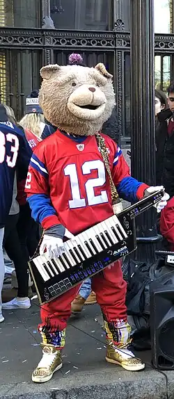 Keytar Bear at the Patriots Super Bowl LIII Victory Parade near Government Center