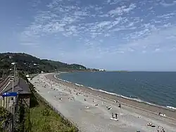 Killiney Beach in 2025. Killiney train station can be seen on the left.