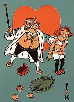 king wearing a crown with stick in one hand and a nervous lad in the other