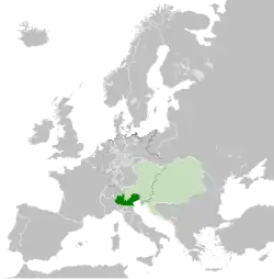 The Kingdom of Lombardy-Venetia (green) and the Austrian Empire (light green) in 1815