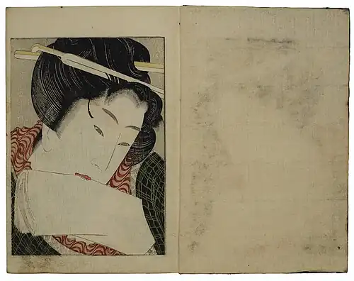 Page with a half-length portrait of a courtesan biting a piece of cloth in a strongly suggestive image.