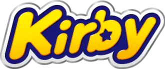 The word "Kirby" in rounded yellow letters with a blue outline, surrounded by a white and silver outline