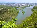 The Waga River (left) empties into the Kitakami River on the south side of Kitakami City. View from Otoko-yama