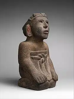 Kneeling female figure; 15th–early 16th century; painted stone; overall: 54.61&nbsp;cm ×&nbsp;26.67&nbsp;cm (21.50&nbsp;in ×&nbsp;10.50&nbsp;in); Metropolitan Museum of Art (New York City)