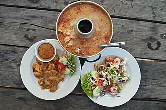 Thai seafood set: shrimp soup, shrimp salad and deep-fried shrimp