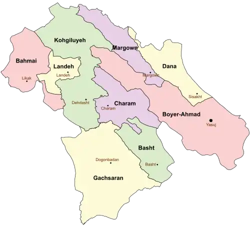 Location of Basht County in&nbsp;Kohgiluyeh and Boyer-Ahmad&nbsp;province (right,&nbsp;green)