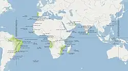 Areas of the world that were part of the Portuguese Empire at some point in history