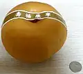 A Japanese pear wrapped with a ribbon to give as a gift. A United States quarter is provided for scale