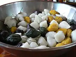 Songpyeon are small rice cakes traditionally eaten during the Korean autumn harvest festival, Chuseok.
