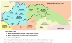 Image 6A map of the northern part of the Habsburg Kingdom of Hungary in 1850, showing the two military districts which had administrative centres in the territory of present-day Slovakia (from History of Slovakia)