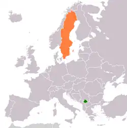 Map indicating locations of Kosovo and Sweden