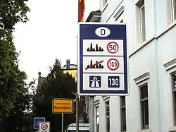 Image 17Speed limits in different areas; here unusually with only a "recommended" limit (Richtgeschwindigkeit) of 130&nbsp;km/h on the Autobahn in Germany (from Road safety)