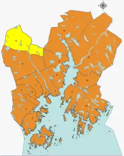 Map of Kristiansand with Mosby district highlighted in yellow