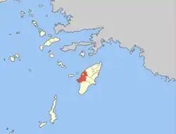 Kritinia (yellow dot) within Attavyros municipal unit (red)