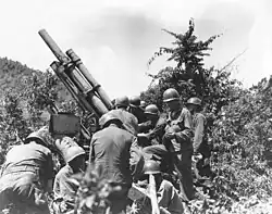 A group of soldiers readying a large gun in some brush.