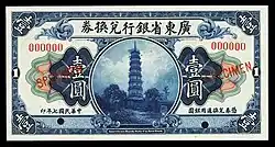 Depicted on a 1918 Kwangtung Provincial Bank 1 dollar specimen banknote