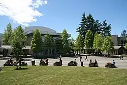 A view of the Arbutus building, home to the university's library, and main courtyard at Kwantlen Polytechnic University's Surrey campus.