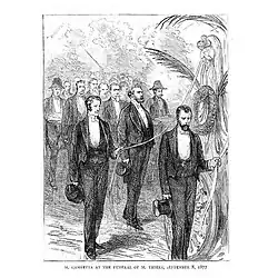 Press drawing showing men accompanying a hearse.