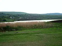 The picture depicts the rural landscape around the village of Crăsnășeni in Moldova. One can see a body of water (presumably a lake) with reeds. In the background there are rolling hills with agricultural fields and some houses.