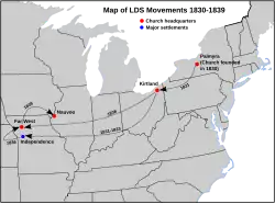 Image 14Map of the eastern United States, showing locations important to the Latter Day Saint movement from 1830 to 1839 (from History of the Latter Day Saint movement)