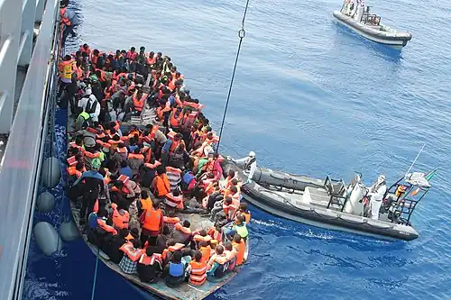Operation Triton: Irish Naval Service personnel from the LÉ Eithne (P31) rescuing migrants, 15 June 2015