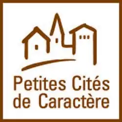 The logo of Petites Cités de Caractère which is the outline of three brown buildings with the name of the organization below them