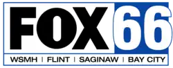 The Fox logo in black in a white box with blue trim, next to a blue box with a white 66 trimmed in blue and spilling over the boundary. Beneath, in another white box trimmed in blue, are the words "WSMH - Flint - Saginaw - Bay City".