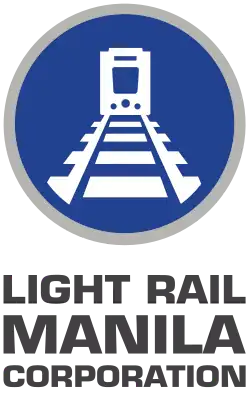 A stylized image of a light rail vehicle on a track situated on a blue circle surrounded by a ring of gray. LIGHT RAIL MANILA CORPORATION is written below.