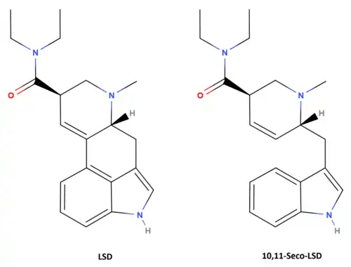 LSD (left) and 10,11-seco-LSD (right) structures.​​​