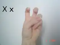 A flexed ASL 'V': Like an ASL 'X', but with two flexed fingers