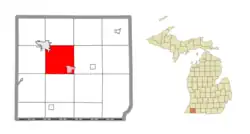 Location within Cass County (red) and an administered portion of the village of Cassopolis (pink)