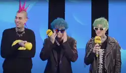 La Sad in interviewed during the Sanremo Music Festival 2024; left to right: Fiks, Plant, Theø