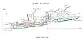 On the cross-section are represented the main crossings: in light green Glaz-Annette, in dark green Glaz-Chevalier, in blue P40-Glaz, in orange Glaz-Guiers Mort, in blue Glaz-Guiers Mort by the river, in yellow Thérése-Guiers, in red Cartusiens-Guiers, in purple Pulpite Irreversible-Glaz. Other crossings can be made: Bob Vouay-Glaz or Guiers but they are not coloured.