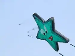 Star-shaped kite above a meadow south of Hockenheim, Germany. This sparless, ram-air inflated kite, has a complex bridle formed of many strings attached to the face of the wing.
