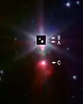 Lambda Orionis A, B and C. Background image was taken with Spitzer and insert showing the AB components is from Gemini