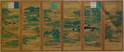 Landscape with buildings and mountains on a six-section folding screen