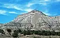Landslide on the south-southeastern face of Mt. Logan. The mountain is capped by Uinta Formation sedimentary rocks, and the slopes consist of the Green River Formation (both Eocene in age).