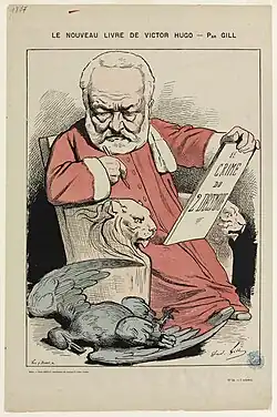 Caricature showing a bearded man dressed as a magistrate writing on a tablet and contemplating the corpse of an eagle lying at his feet.