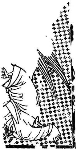 A fragment of a woodblock print. In the lower right, there is the body of a kneeling angel. The rest of the scene is obscured.