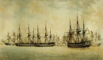 Several ships of the line sailing around while in combat next to a harbour.