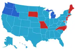 Legality of left-on-red by state. Light blue permits it, dark blue permits LTOR from two-way streets onto a one-way street. Red prohibits the maneuver.