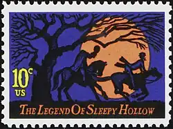 Legend of Sleepy Hollow U.S. postage stamp issued October 12, 1974, depicting the Headless Horseman and Ichabod Crane.