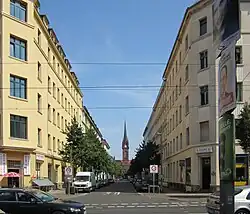 View from Eisenbahnstrasse to the Heilig-Kreuz-Kirche (2014)