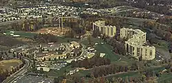 Aerial view of apartment buildings at Leisure World, mid-80s
